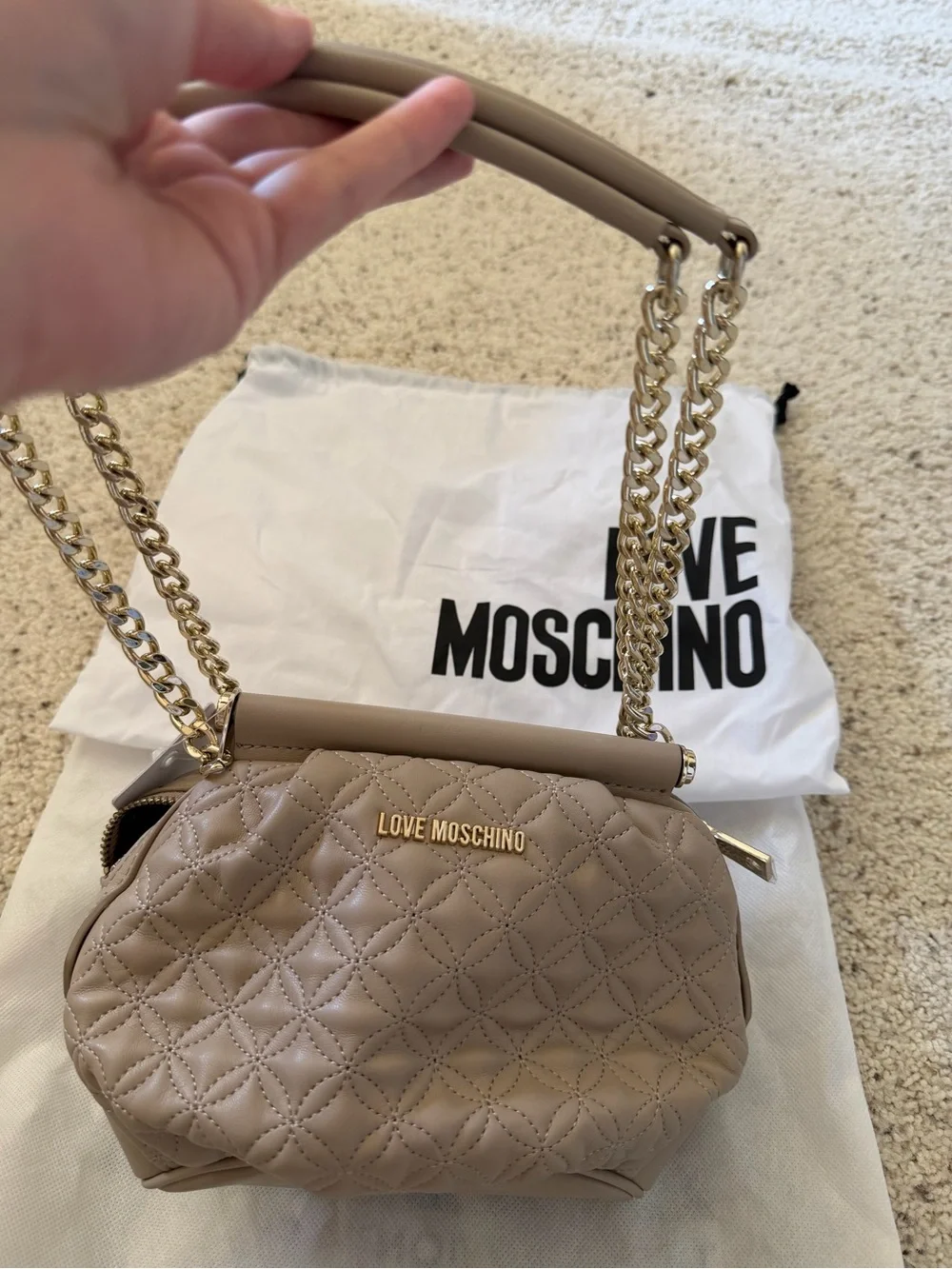 Love Moschino Taupe Quilted Chain-Handle Shoulder Bag with Gold Hardware